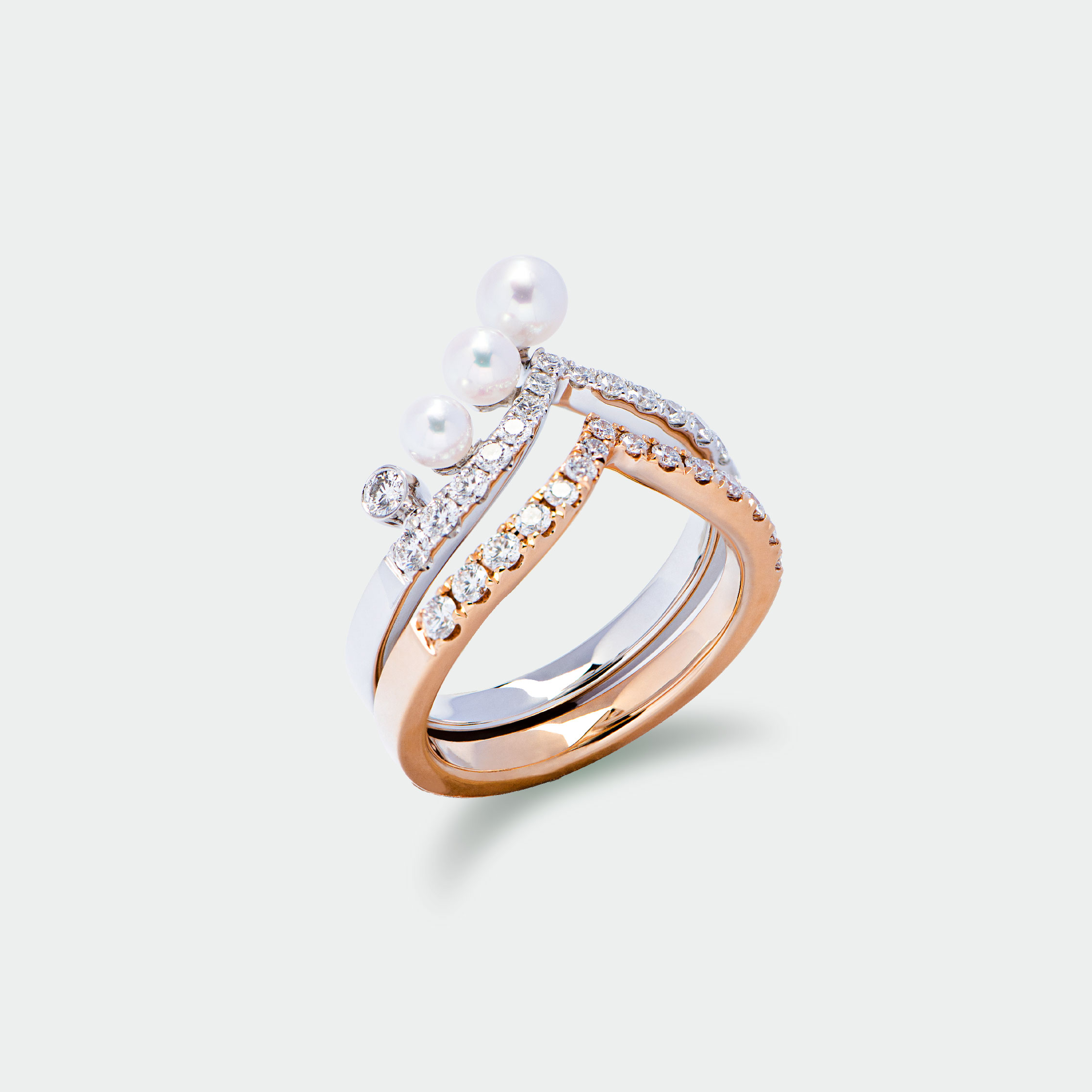 White Pearl Diamond Ring with Gold Stackable Rings